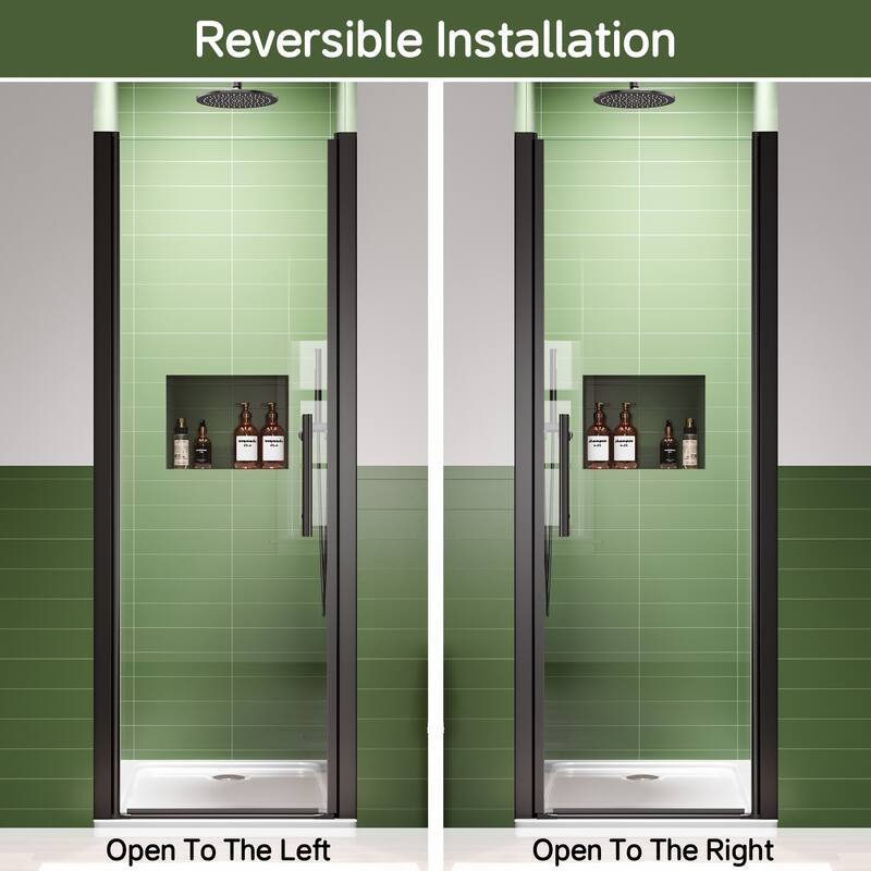 Matte Black Hinged Shower Door 26x68, 6mm Tempered Glass, Headerless, 1.5 in Adjustable, Left/Right In/Out