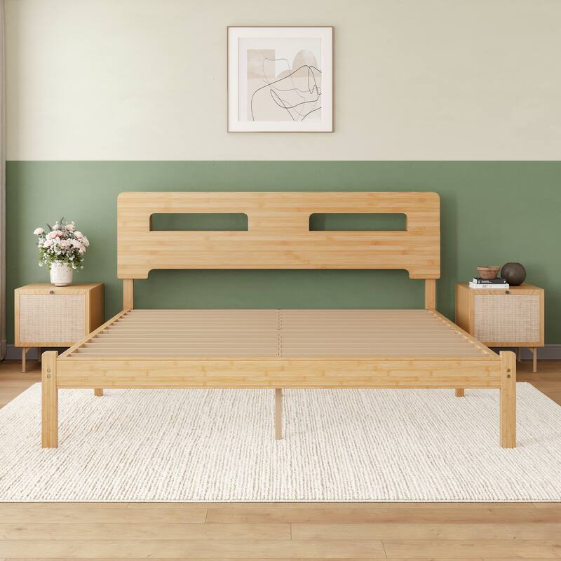 14" Heavy Duty Bamboo & Metal Platform Bed Frame with Headboard