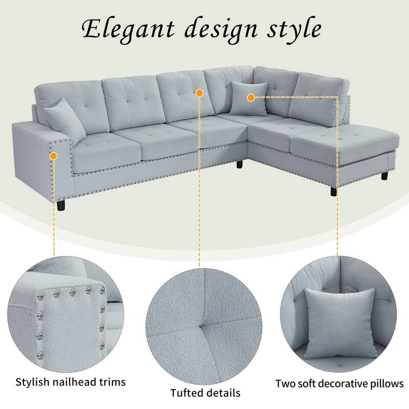 109.2'' Elegant L-Shaped 5 Seater Modular Sectional Sofa with Removable Back Cushions and 2 Pillows, Vintage-Inspired Design