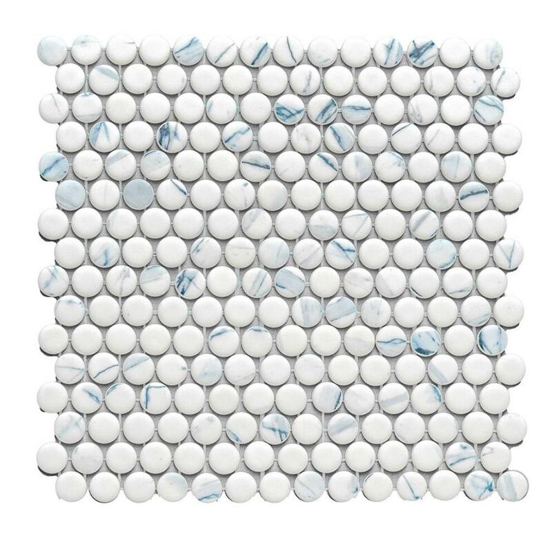 The Tile Life Eterna Penny 12x12 Round Glass Mosaic Floor, Wall & Backsplash Tile - 1 Sheet (0.88 Sq. ft.) - Calacatta Blue