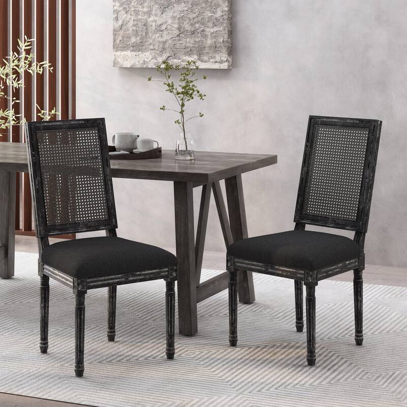 French Country Style Dining Chairs Set of 2 with Rectangular Cane Back Smooth Upholstered Padding