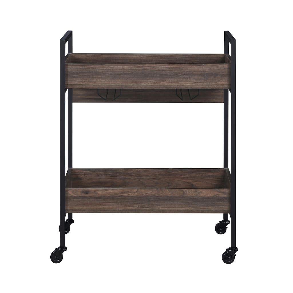 Rectangular Serving cart with 2 Tier Shelf, Walnut and Black