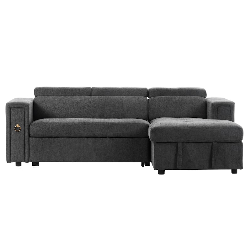 96" L-Shaped 3-Seat Sectional Sofa with Pull-Out Bed, Wireless Charging, and Hidden Storage with Cup Holders