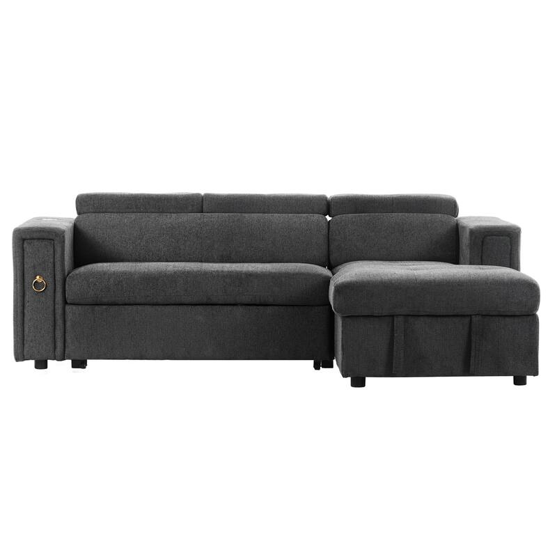 96" L-Shaped 3 Seater Sectional Sofa with Pull-Out Bed, Adjustable Headrest, Wireless Charging, Storage, and Cup Holders