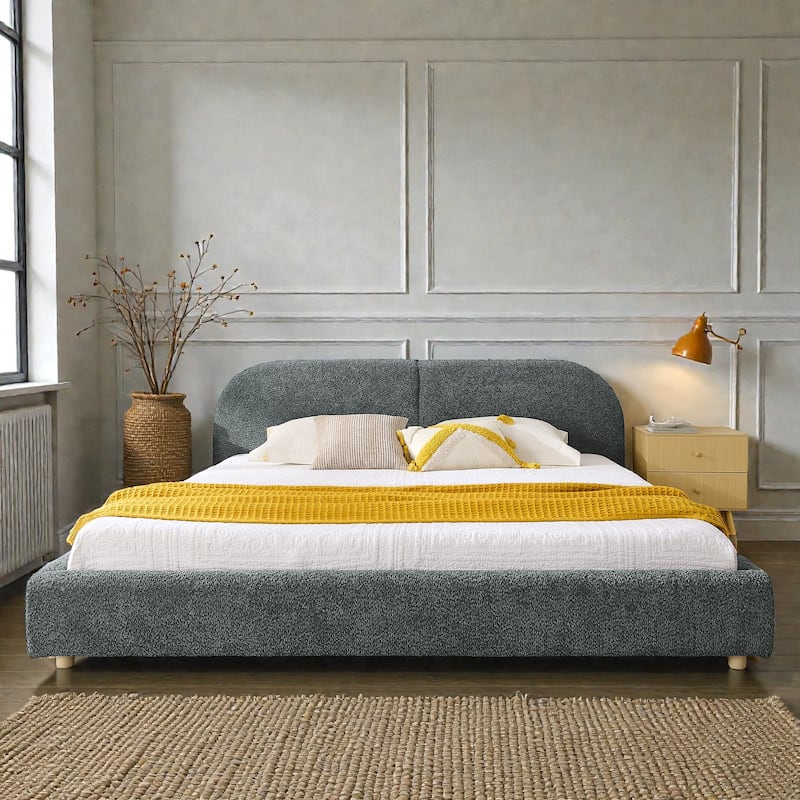 Upholstered Bed Frame with Tall Curved Headboard, Premium Circle Yarn Fabric, Modern Minimalist Platform Bed