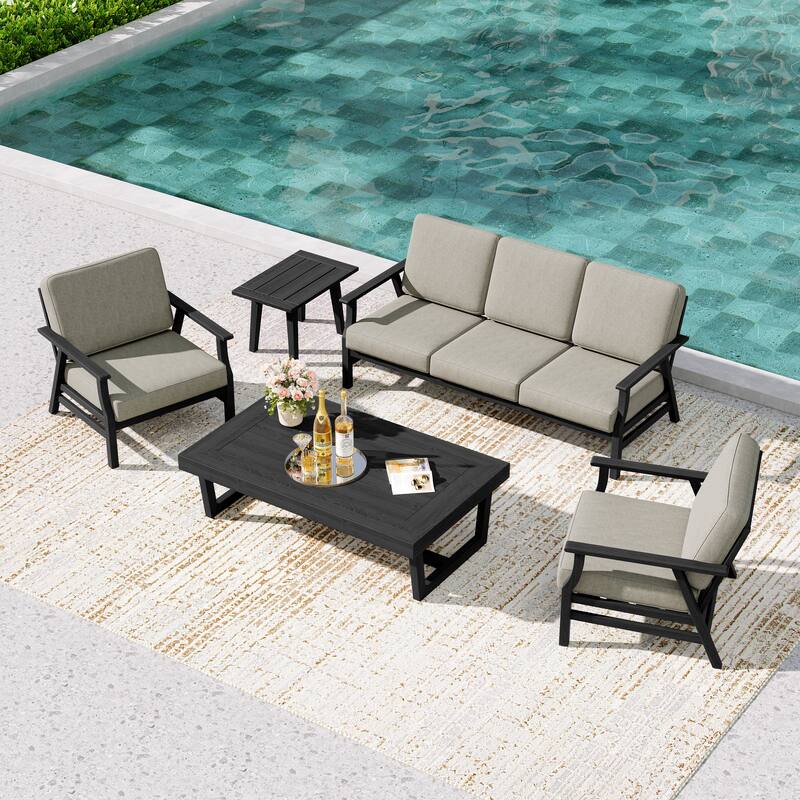 5-Piece Teak Outdoor Conversation Set with Tables. - 5-seat - Light Camel/Black Wood