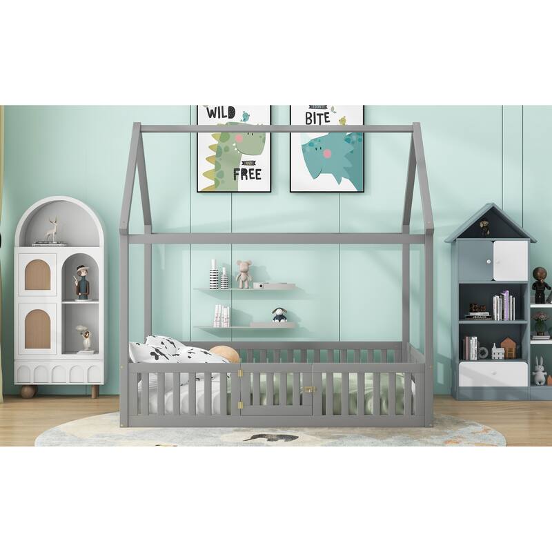 Roomfitters Full Size Wood House Bed with Fence Guardrails and Door, Distressed Gray