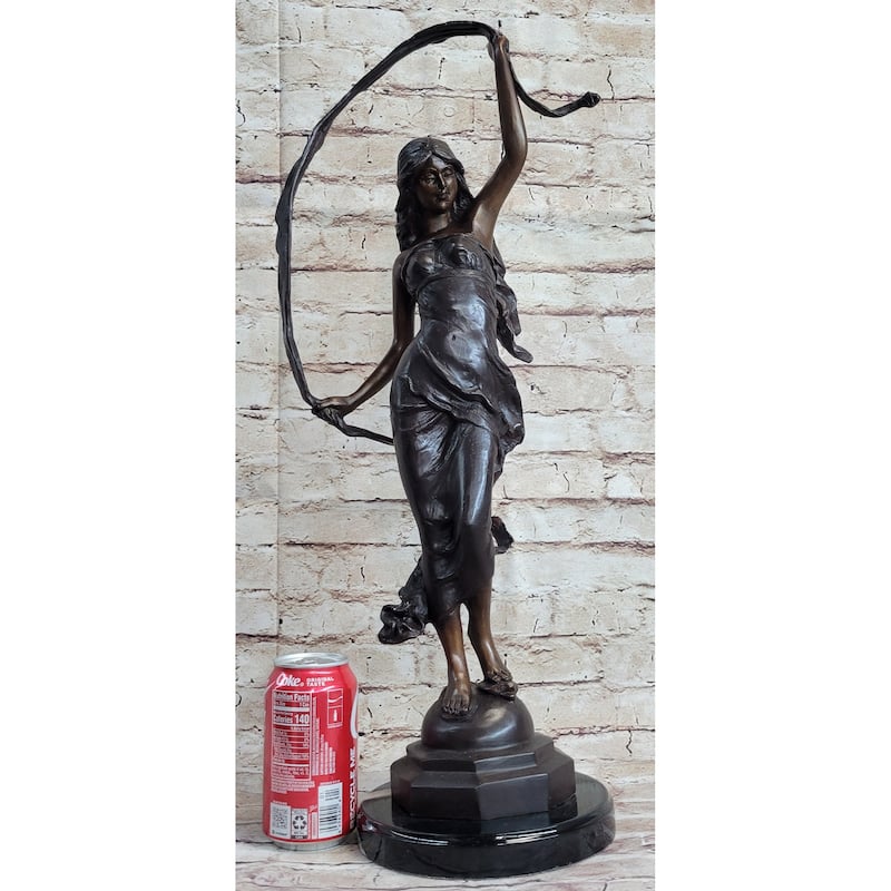 Signed Moreau Beauty Ribbon Dancer Bronze Sculpture Marble Base Statue Figurine