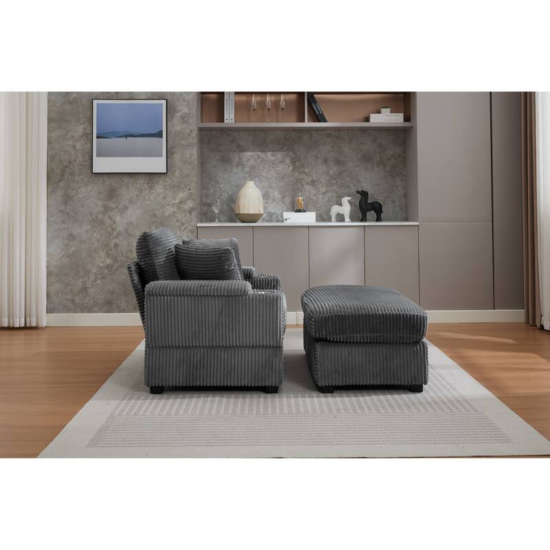 Corduroy Upholstered Chaise Lounge with Movable Ottoman, Living Room Storage Sofa Chair with Cup Holder, Detachable Cushions
