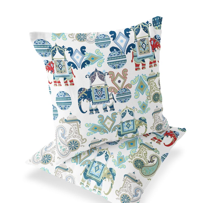 HomeRoots Set of Two 16" X 16" Blue and White Elephant Blown Seam Eclectic Indoor Outdoor Throw Pillow