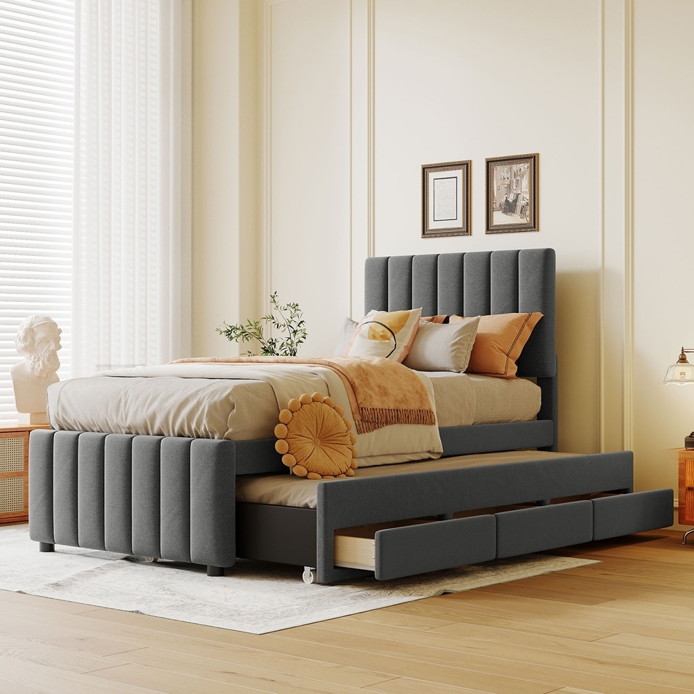 Linen Fabric Upholstered Platform Bed with Twin Size Trundle and 3 Drawers