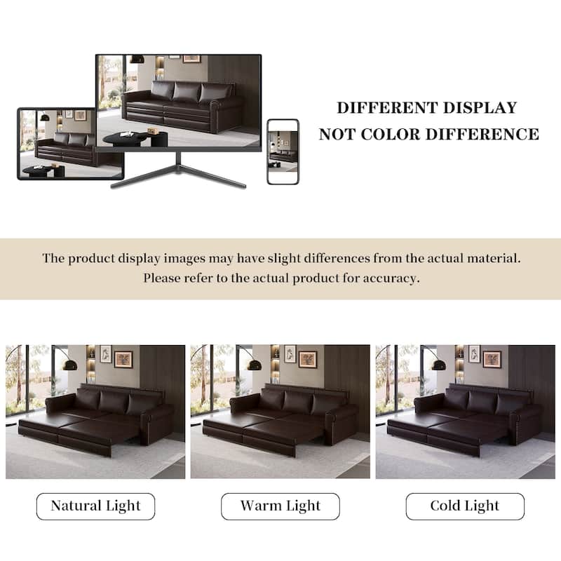 93.70"Faux Leather 3-Seater Sleeper Sofa Bed with Chaise, Retro Style with Rivet Trim