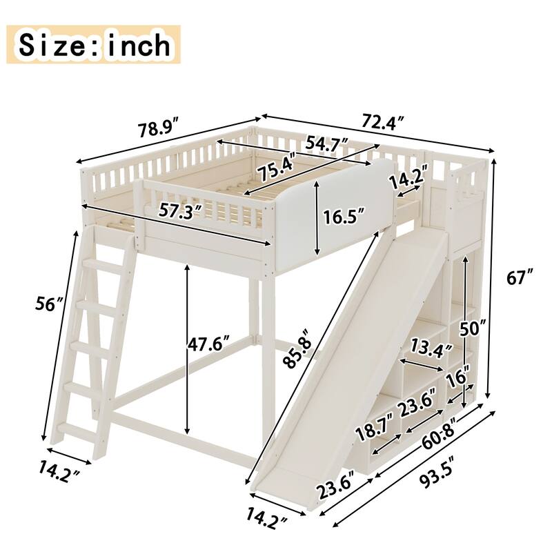 Minimalist Wood Loft Bed Frame with Upholstered Headboard, Storage Open Shelves, Safety Guardrails, Ladder and Slide for Kids