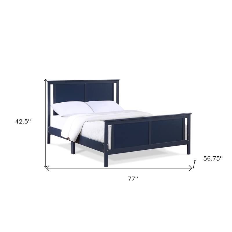 HomeRoots Blue and Walnut Reversible Inlaid Panels Solid Wood Full Bed Frame