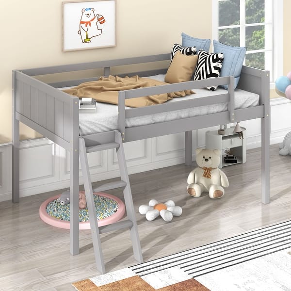 slide 2 of 8, Twin Wood Low Loft Bed with Convertible Ladder, Ladder Can be Placed on The Left or Right, for Kids, Dorm Bedroom Apartment,Grey Grey - Twin