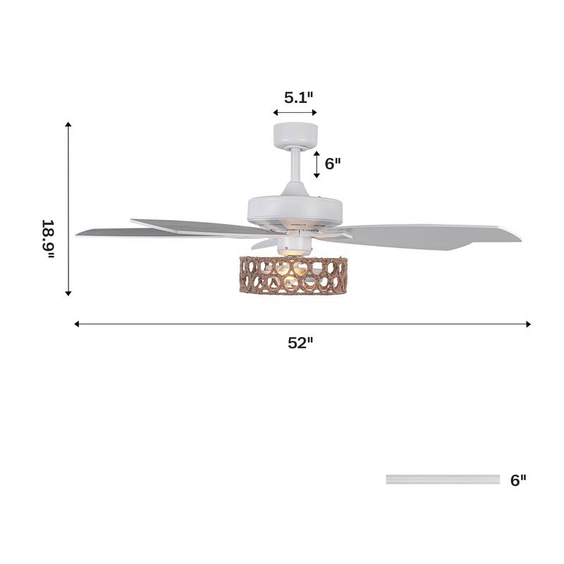 Parrot Uncle 52" Coastal White Natural Jute Reversible Ceiling Fan with Remote