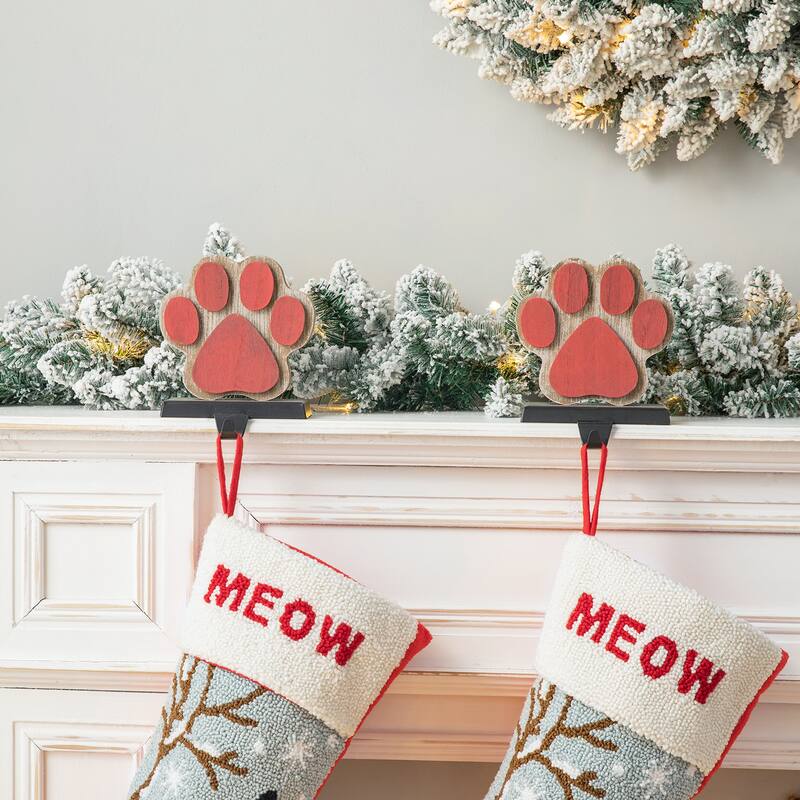 Glitzhome Christmas Wooden/Metal LED Snowman Paw Stocking Holders Mantel Ornament