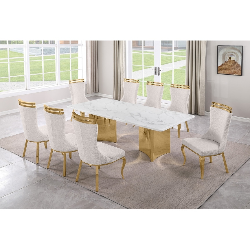 Best Quality Furniture 9pc Marble Dining Set Boucle Fabric Chairs
