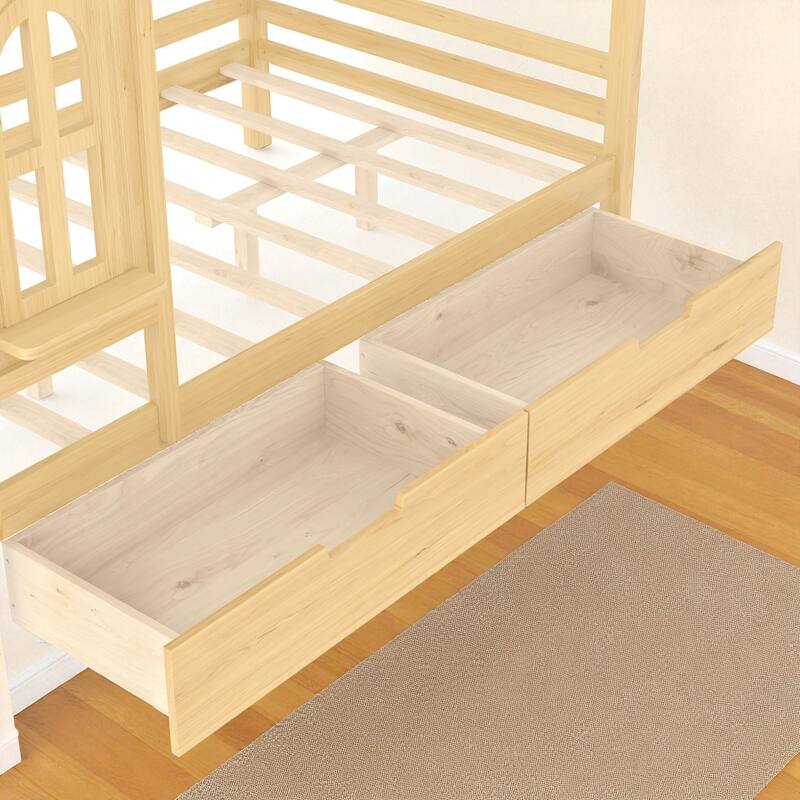 Twin/Full Size Wooden House Bed with Drawers and Shelves, Kids Platform Bed Frame with Window Roof Design
