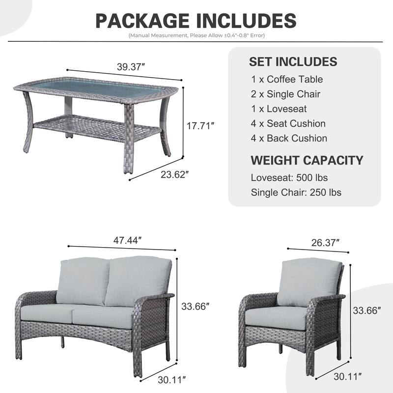 HOOOWOOO 4-piece Wicker Outdoor Conversation Set with Glass Coffee Table