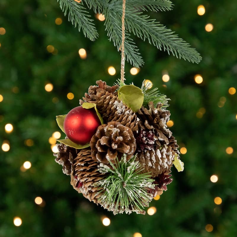 5.5" Red Ornament Pinecone and Mixed Foliage Hanging Christmas Ball Ornament
