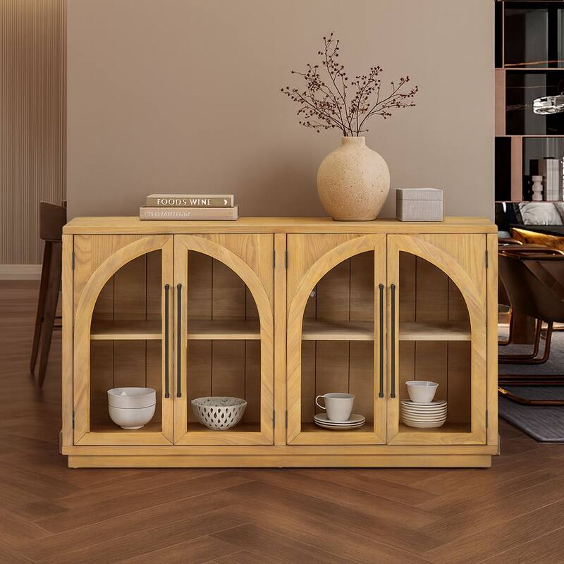 Retro Freestanding 4 Glass Door Wooden Sideboard Storage Buffet Cabinet - Natural Wood
