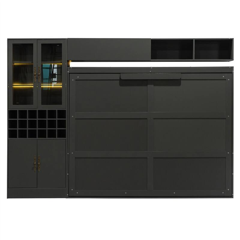 Full/Queen Size Murphy Bed Wall Bed with Sofa, Light and USB Charging, Foldable Murphy Cabinet Bed w/ Storage Shelves & Cabinets