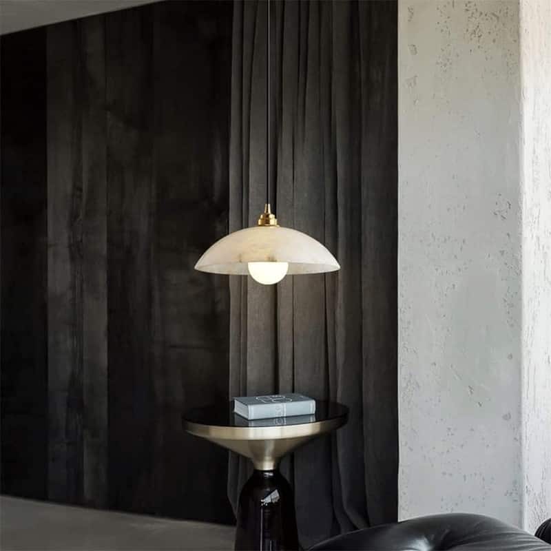 KAYLA Nordic Pendant Light Fixture - Round Alabaster Hanging Lamp with Brushed Brass Finish for Kitchen Island, Dining Room