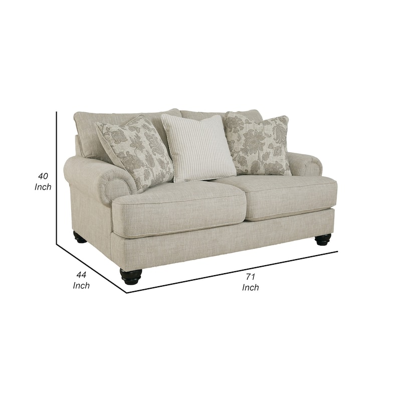 Asen 71 Inch Loveseat with 3 Accent Pillows, Roll Arms, Polyester, Beige