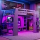 preview thumbnail 1 of 25, Wooden Gaming Loft Bed with LED Light and Multi-storage Shelves, Twin/Full Size Loft Bedframe with Desk and Hanging Clothes Rack Full