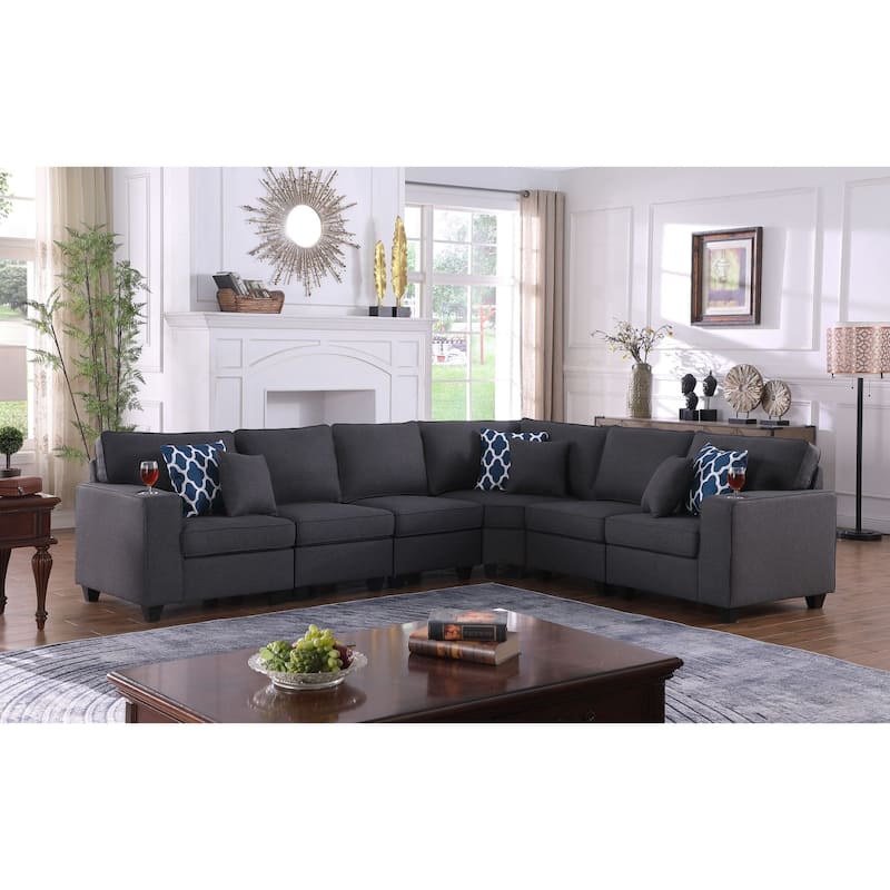 6 Piece Linen Upholstered Reversible L-Shape Sectional Sofa in Dark Gray