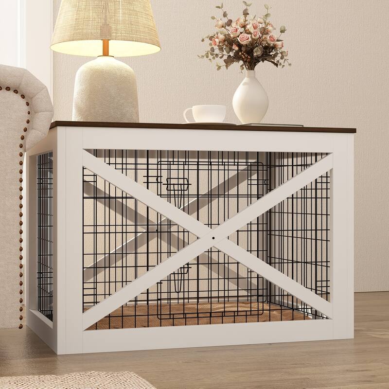 Chic Pet Cage Coffee Table, Wooden Top & Black Metal Frame Stylish Living Rooms