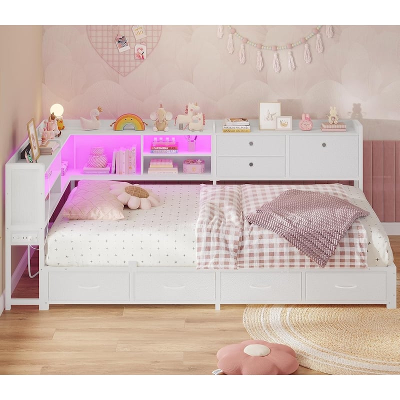 Corner Bed Frame Charging Station Twin Daybed 8 Storage Drawers Bookcase