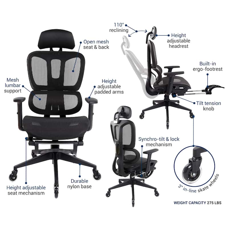 Ergonomic Mesh Office Chair with Lumbar Support, Footrest, and Recline