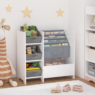 Kids Bookshelf and Toy Storage Organizer,Multifunctional 4 Tier Kids Book Shelf with 3 Collapsible Fabric Drawers