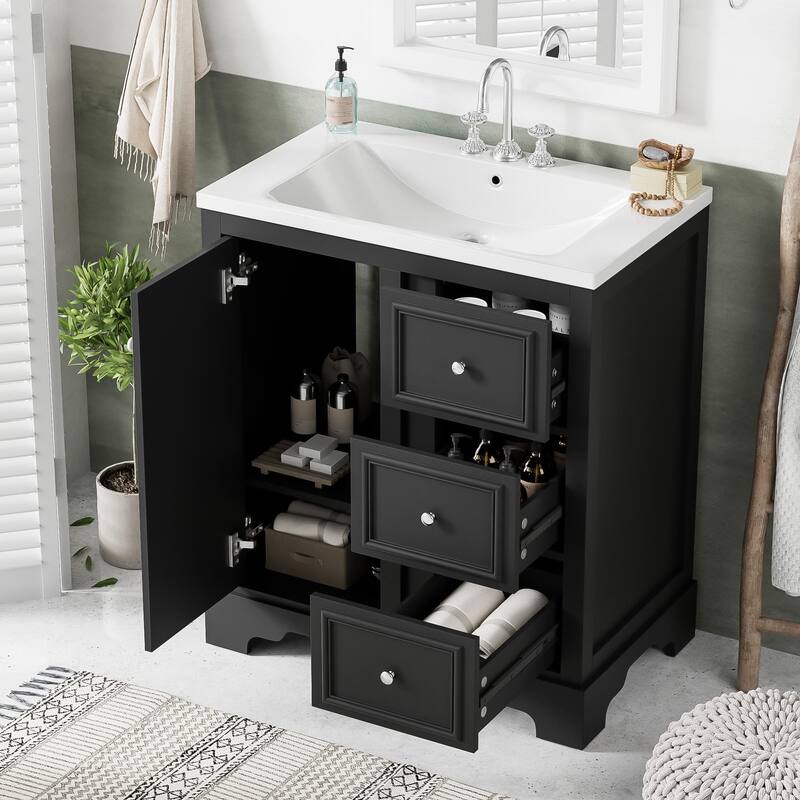 30" Bathroom Vanity with Ceramic Sink, Storage Cabinet and 3 Drawers