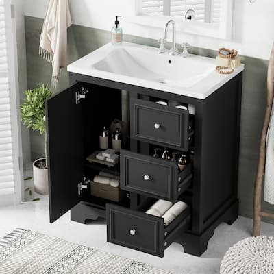Single Sink Bathroom Vanity Cabinet with Ceramic Basin, 3 Drawers and Adjustable Shelves, Black Bathroom Storage Cabinet