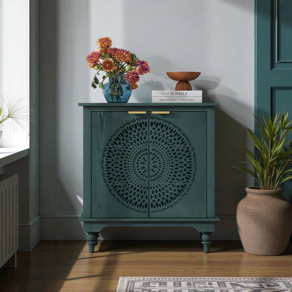Hollow Carved 2-Door Accent Cabinet Sideboard Buffet Storage Cabinet for Entryway Living Room or Bedroom
