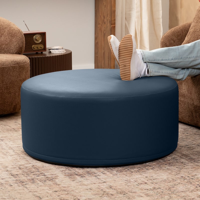 Jaxx Candler Round Couch Ottoman Large Coffee Table & Foot Rest - 36 Inch - Vegan Leather Oxford Blue