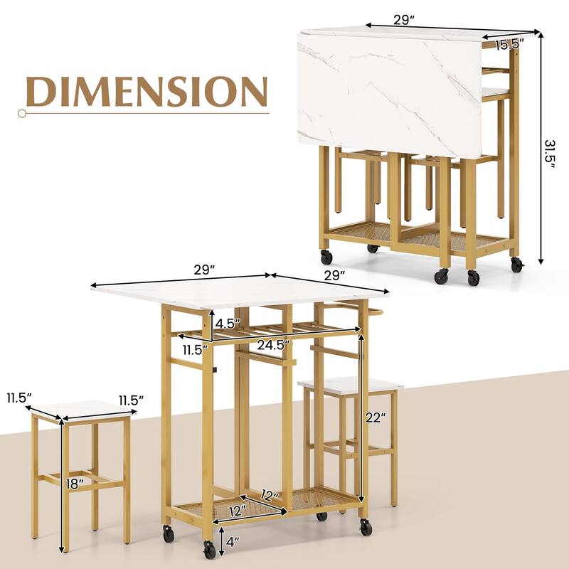 Costway 3 PCS Rolling Dining Table Set Extendable Kitchen Table 2