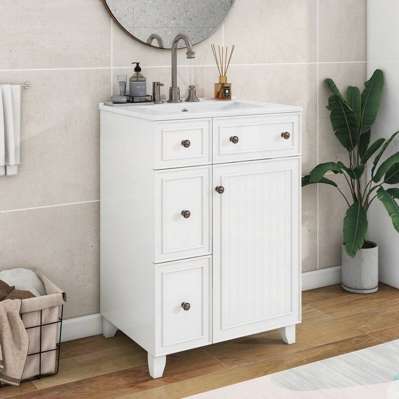 24-Inch Bathroom Vanity Cabinet with Ceramic Sink - White