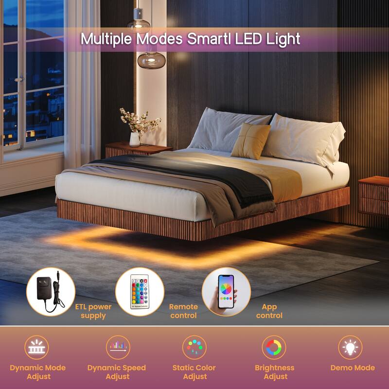 Smart LED Floating Bed without Headboard, Wave Curve Wood Texture Bed Frame, Heavy Duty Metal Slat Support