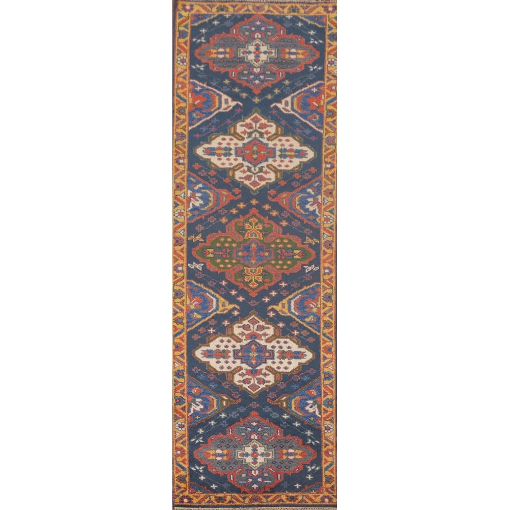 Blue Kazak Oriental Runner Rug Wool Carpet - 2'7"x 9'9"
