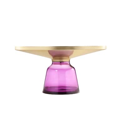 Len 30 Inch Coffee Table, Purple Blown Glass Bell Base, Funnel Gold Steel