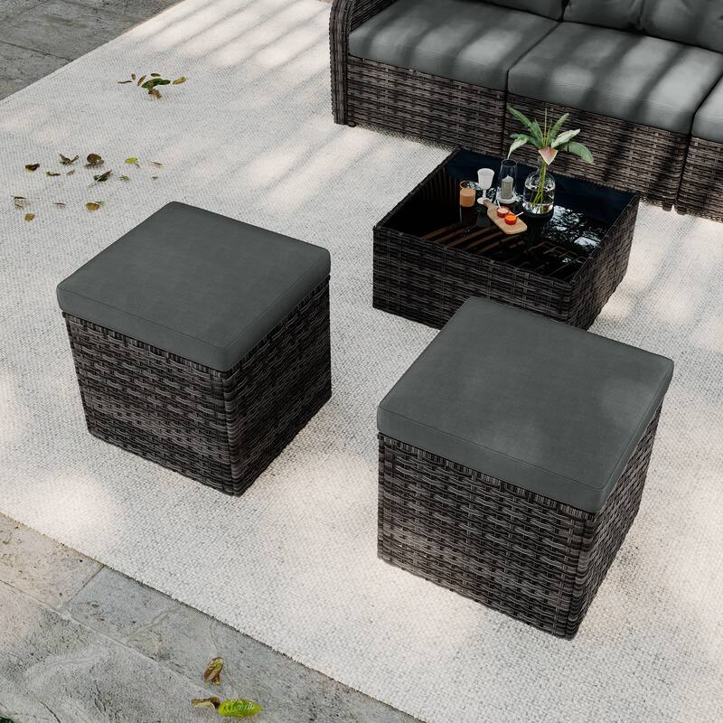Outdoor Patio PE Wicker Ottoman with Cushion Set of 2