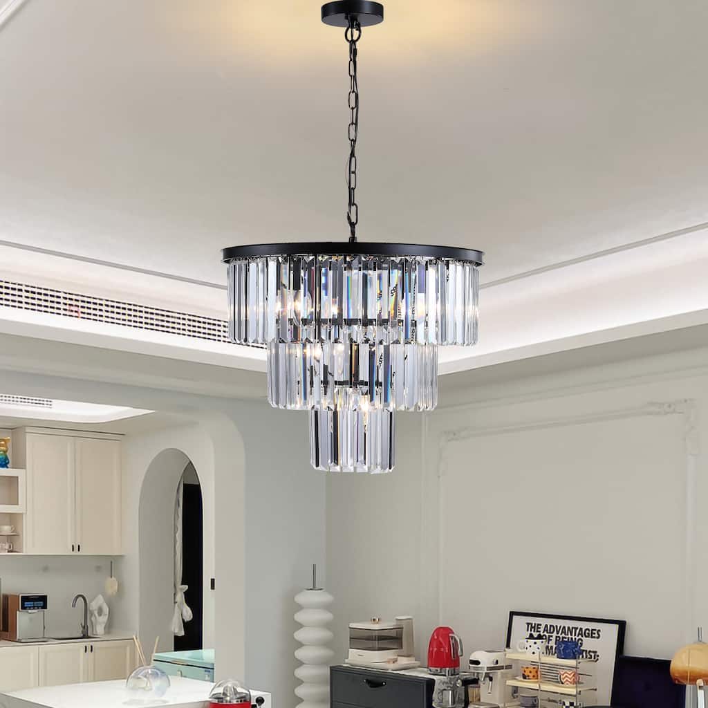 Stylish Geometric Hanging Light Ceiling Lighting for Foyer, Black Stairway Hanging Pendant Light Fixtures Crystal Chandelier