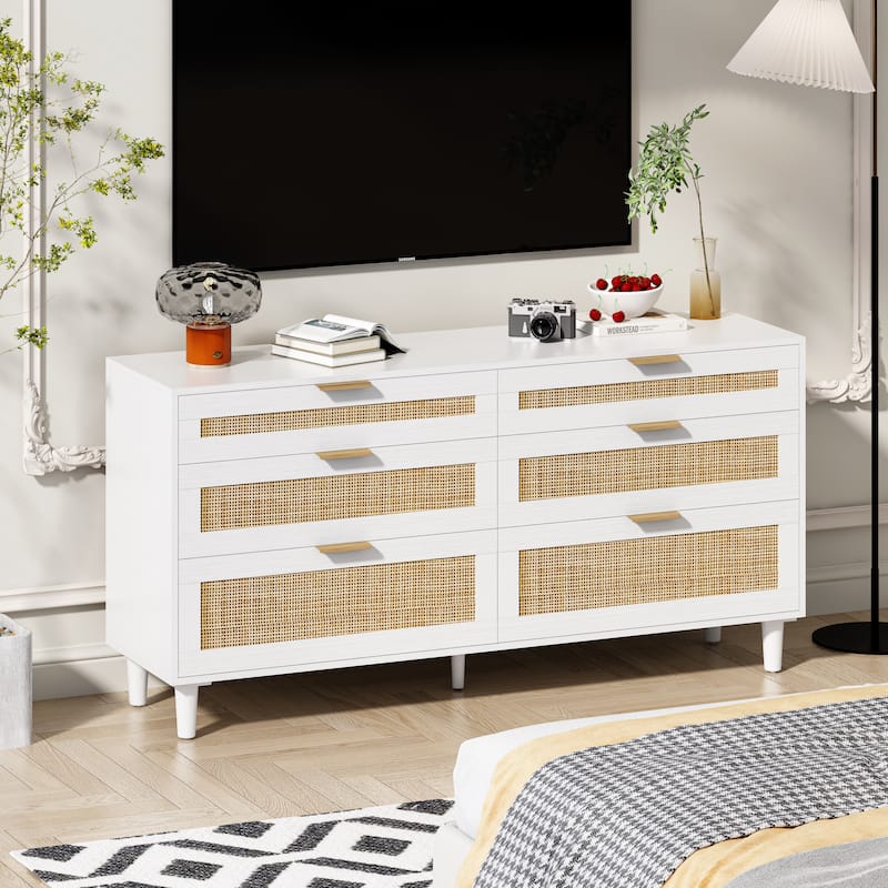 6 Drawers Rattan Dresser, Wooden Storage Wardrobe Dresser, Floor Standing Storage Cabinet with Metal Handle & Wood Legs