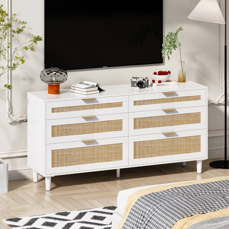 Rattan 6 Drawer Dresser, Clothes Storage Cabinet with Metal Handle and Wood Legs
