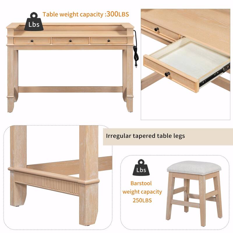 4-Piece Dining Table Set for 3 - Retro Kitchen Table with 3 Storage Drawers and Matching Chairs
