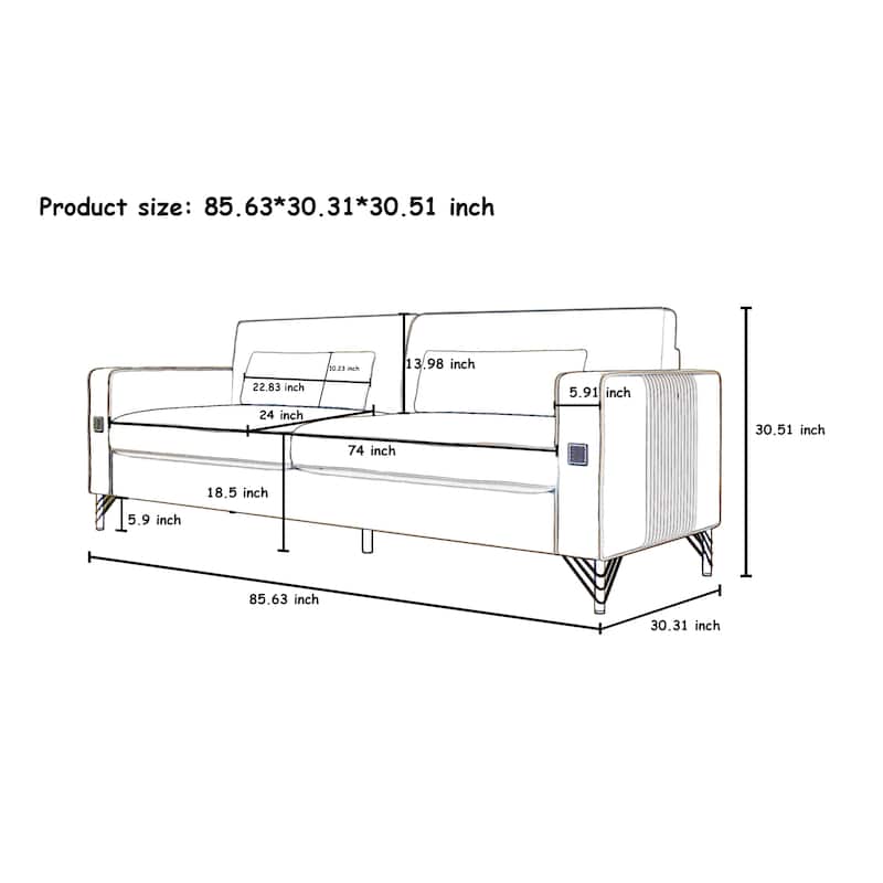 Roomfitters Mid-Century Modern Upholstered Sofa with Gold Metal Legs and Square Arms, Elegant Couch for Living Room